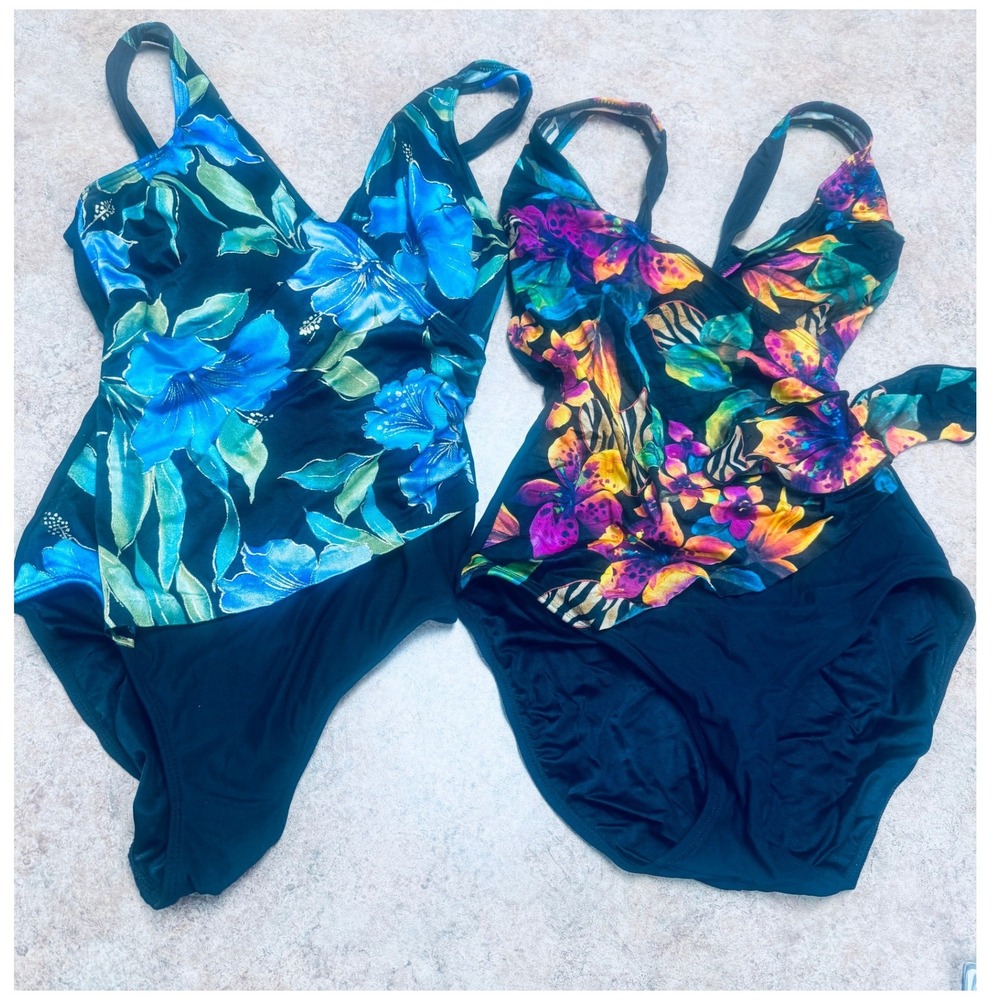 Vintage 90s Inches Away Floral One Piece Swimsuit Lot 2 Size 10 Tropical Retro